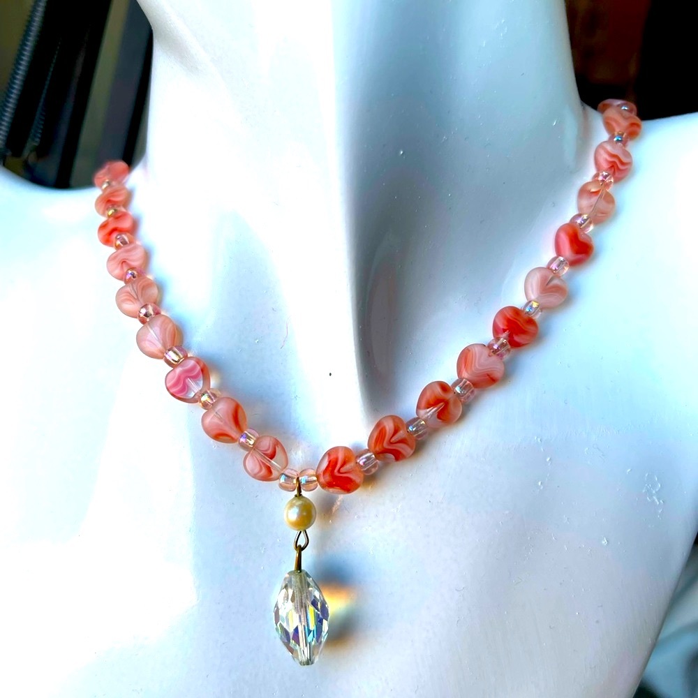 Swirly Pink Hearts with Quartz Crystal Pendant Necklace